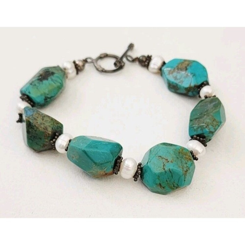 Vintage Sterling Silver Southwest Chunk Turquoise Pearl Beaded Bracelet 35.96g